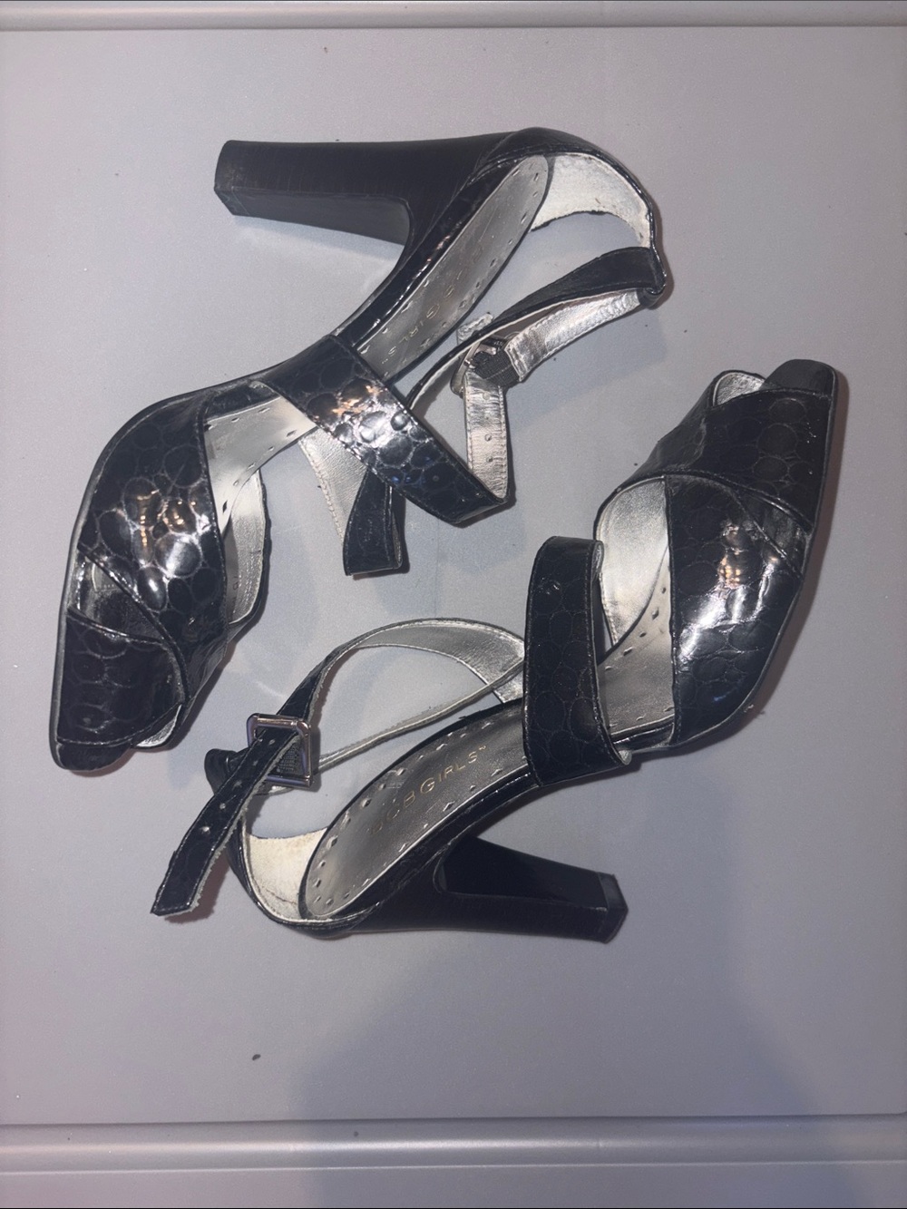 BCBGirls Black Patent Croc-Texture Strappy Block Heels